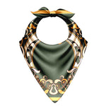 Green bandana with gold and black patterns on a white background