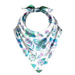 Colorful butterfly and flower patterned bandana on a white background