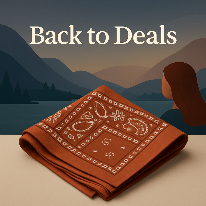 Folded brown bandana with decorative patterns on a table with a mountainous landscape in the background, featuring 'Back to Deals' text.
