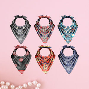 Set of six patterned bandanas on a pink background
