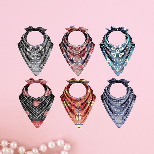 Set of six patterned bandanas on a pink background
