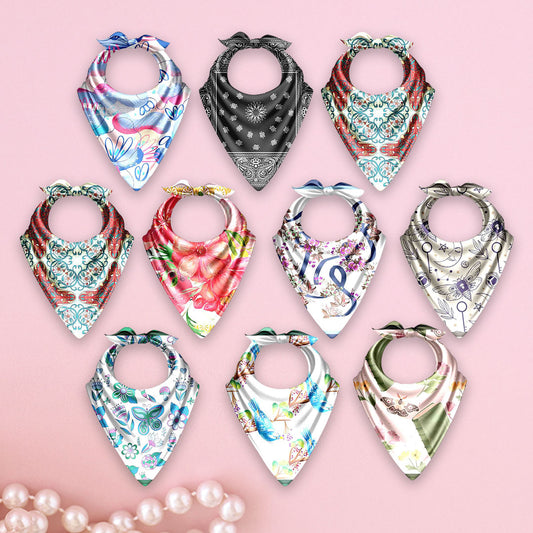 Collection of colorful bandanas with various patterns on a pink background