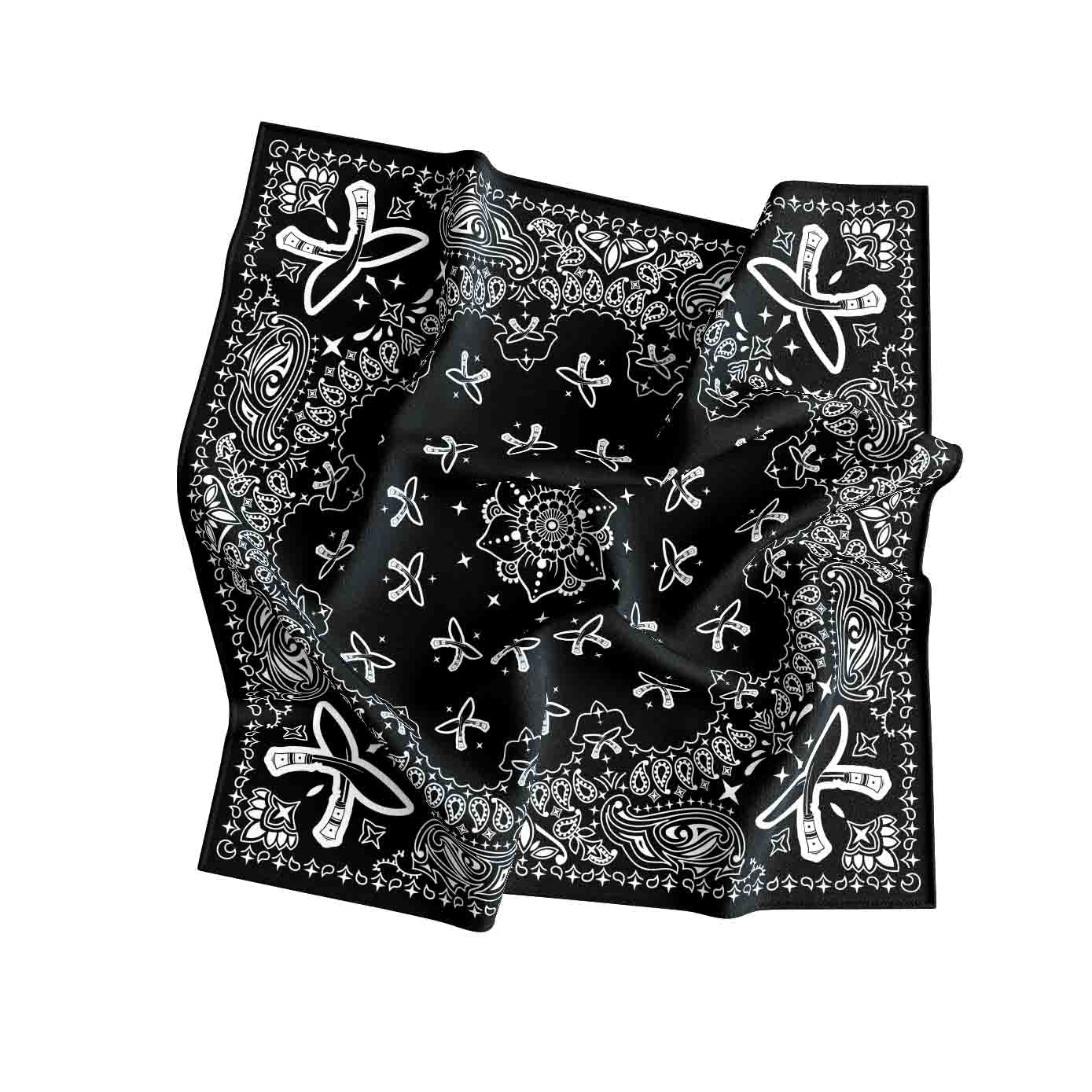 Black bandana with white patterns on a white background