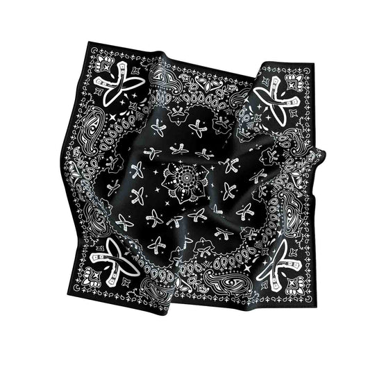 Black bandana with white patterns on a white background