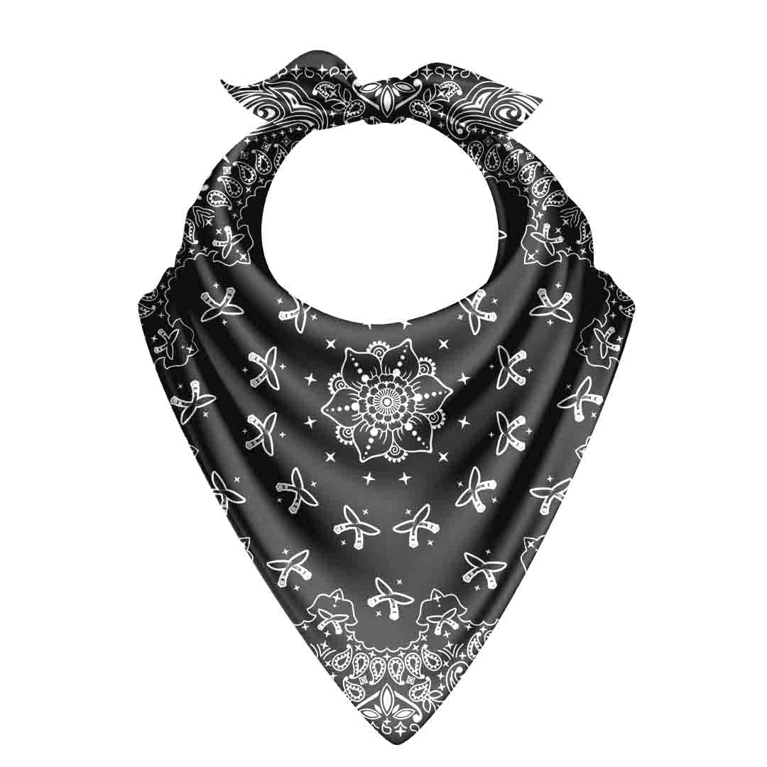 Black bandana with white patterns on a white background