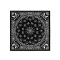 Black bandana with white paisley patterns on a white background