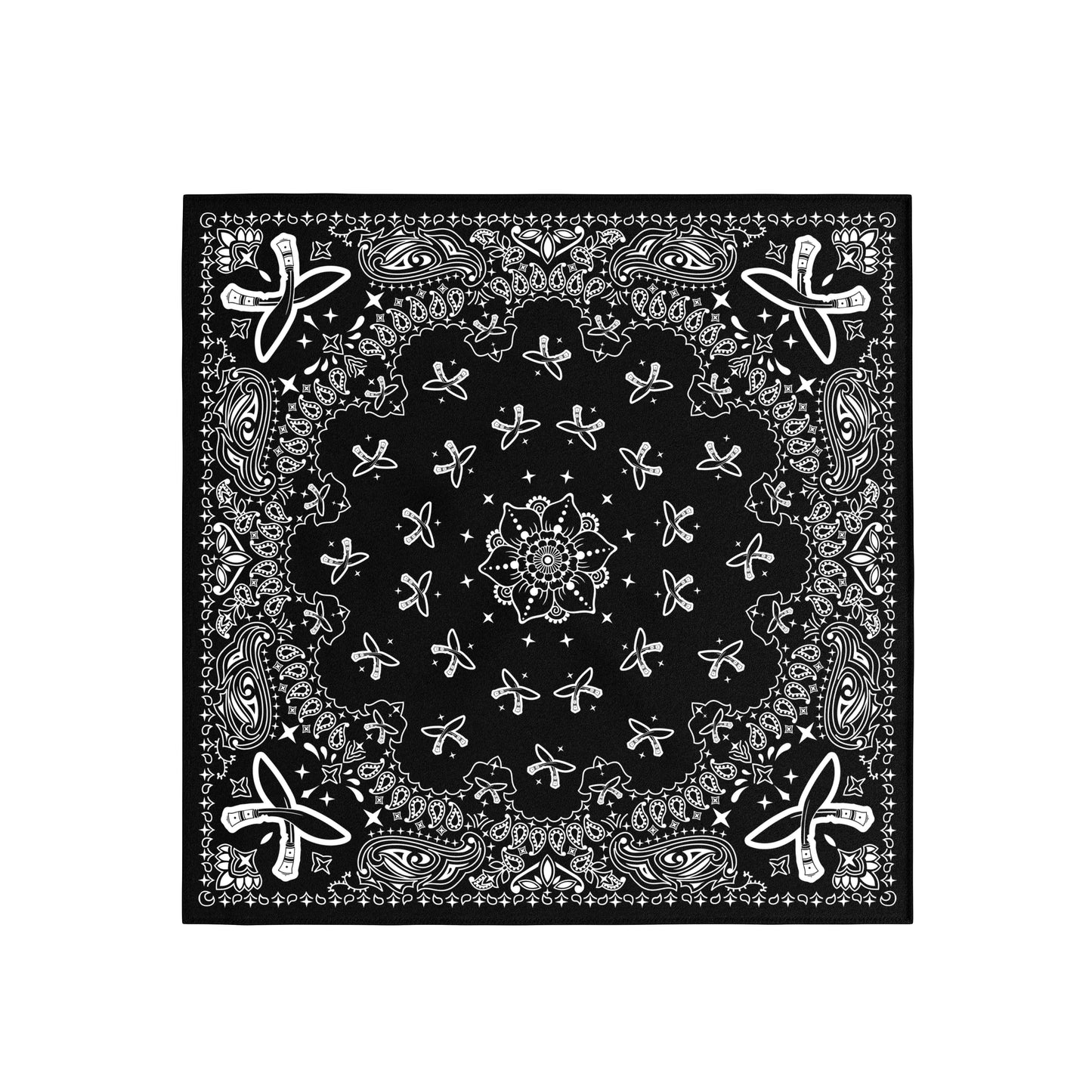 Black bandana with white paisley patterns on a white background