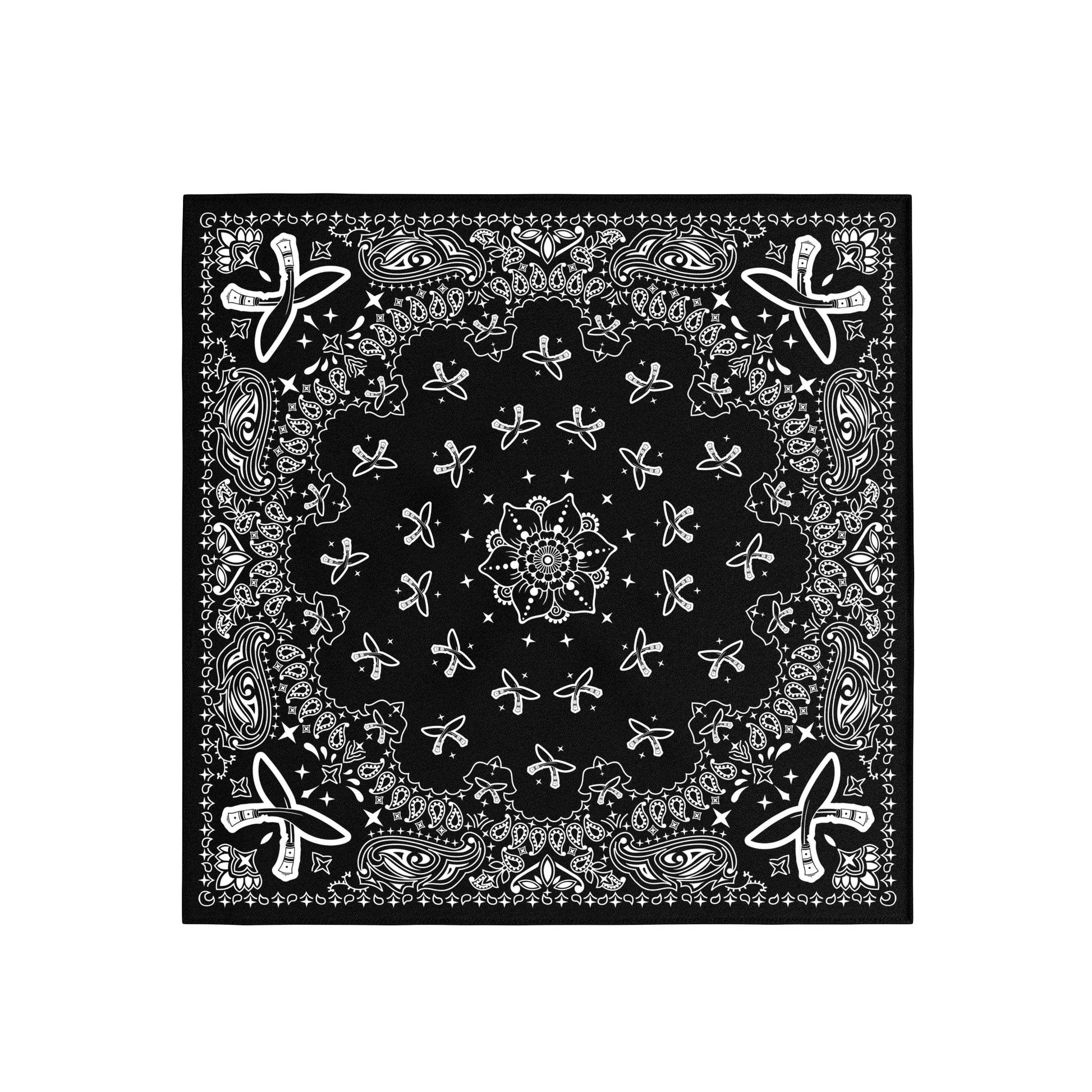 Black bandana with white paisley patterns on a white background