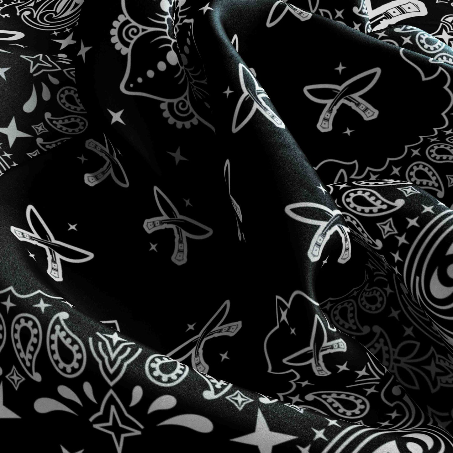 Black fabric with white paisley patterns