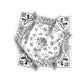 Black and white bandana with intricate patterns on a white background