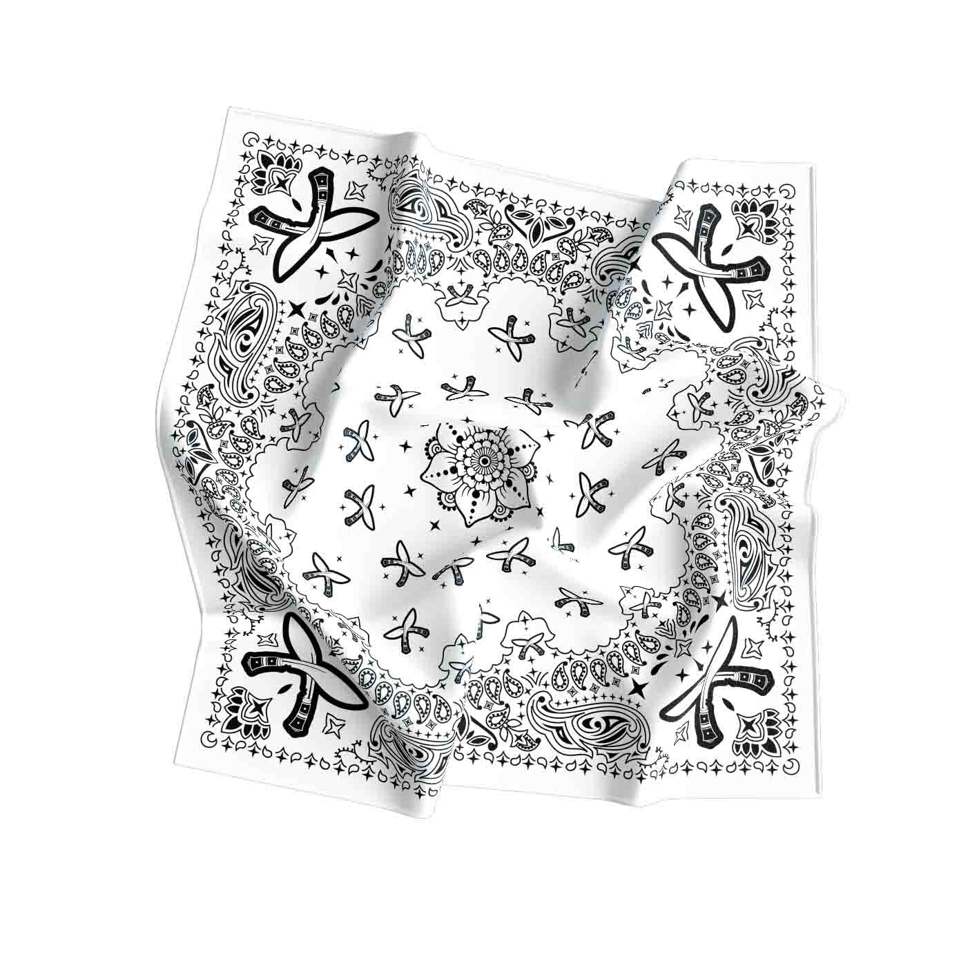 Black and white bandana with intricate patterns on a white background