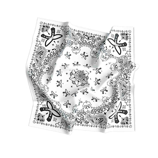Black and white bandana with intricate patterns on a white background