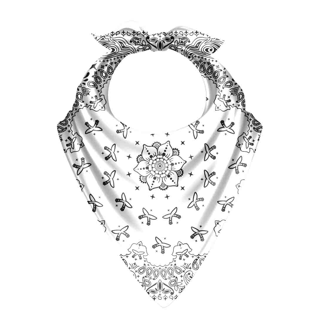Black and white patterned bandana on a white background