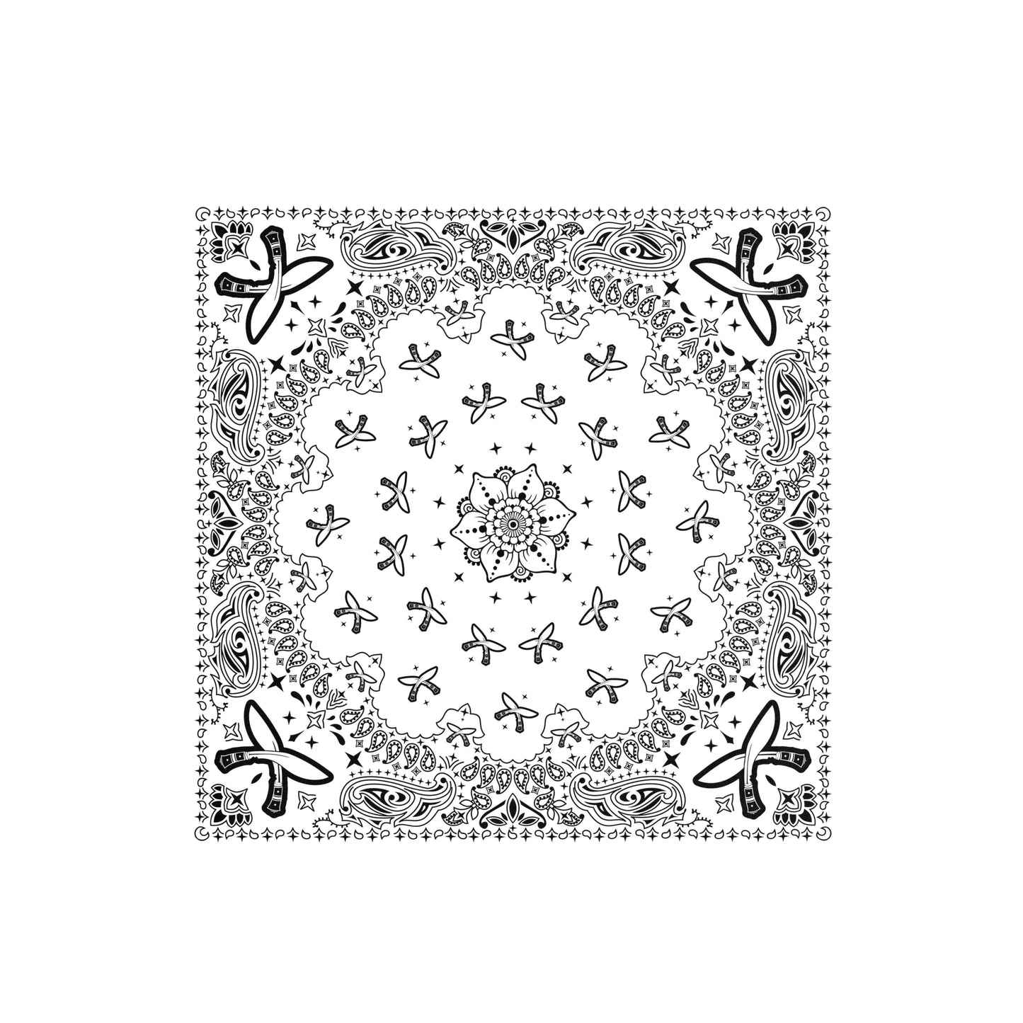 Black and white bandana with intricate patterns on a white background