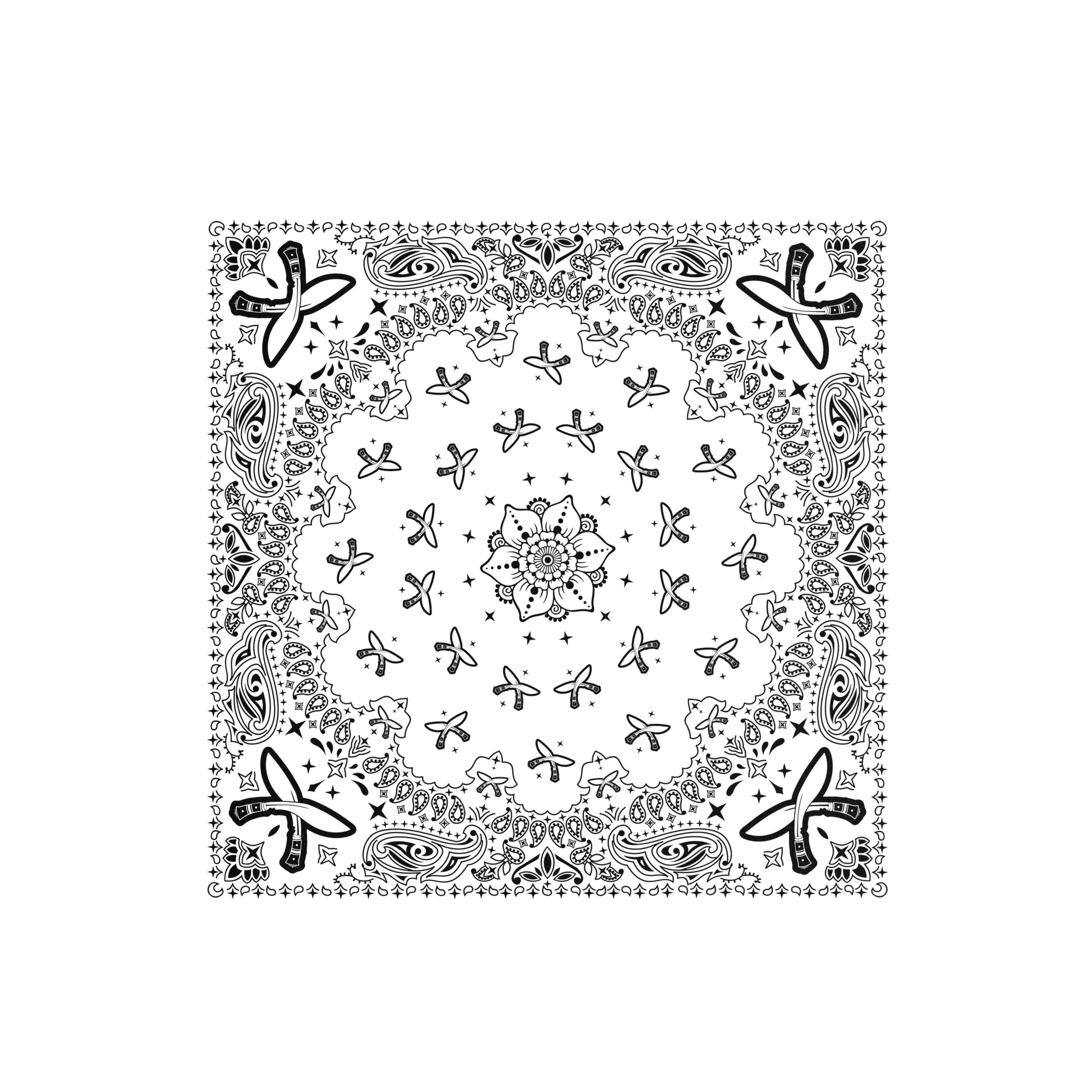 Black and white bandana with intricate patterns on a white background