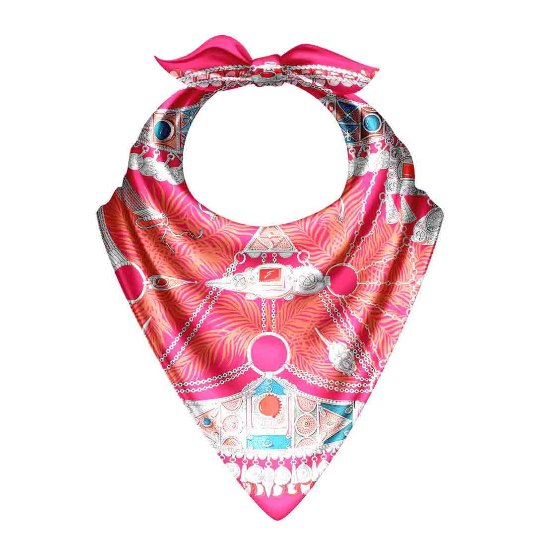 Decorative bandana with pink and white pattern on a white background