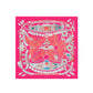 Decorative scarf with intricate patterns on a bright pink background