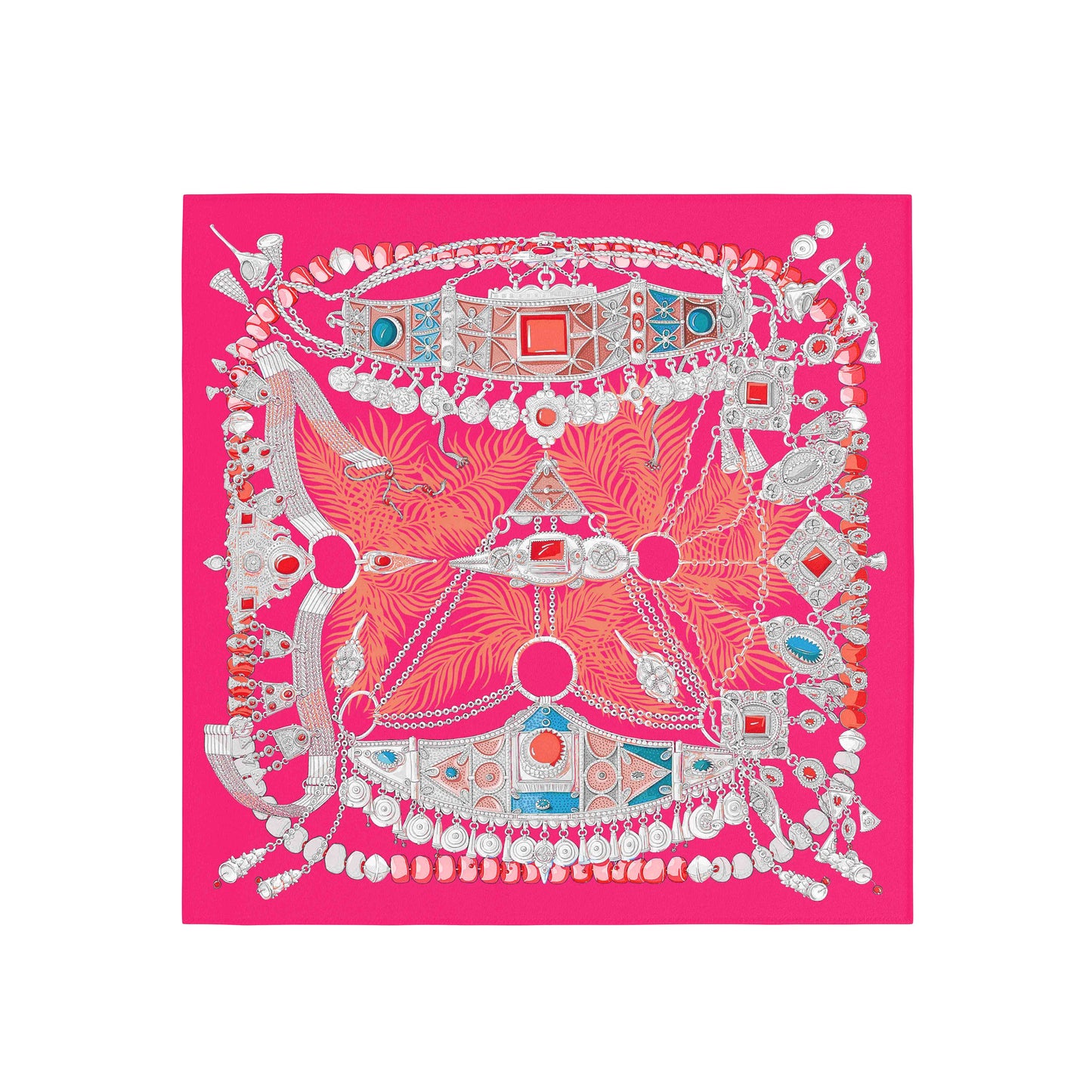 Decorative scarf with intricate patterns on a bright pink background