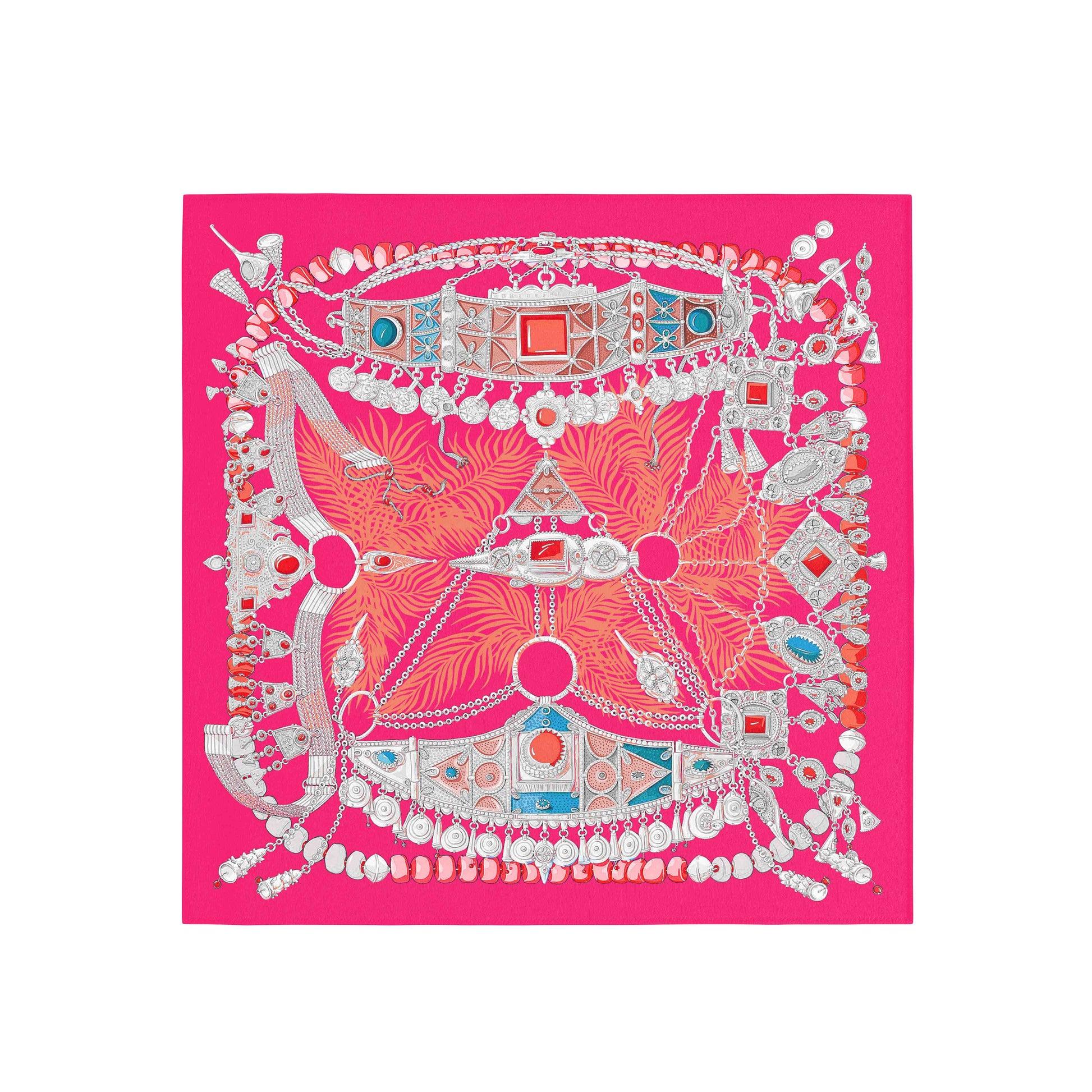 Decorative scarf with intricate patterns on a bright pink background