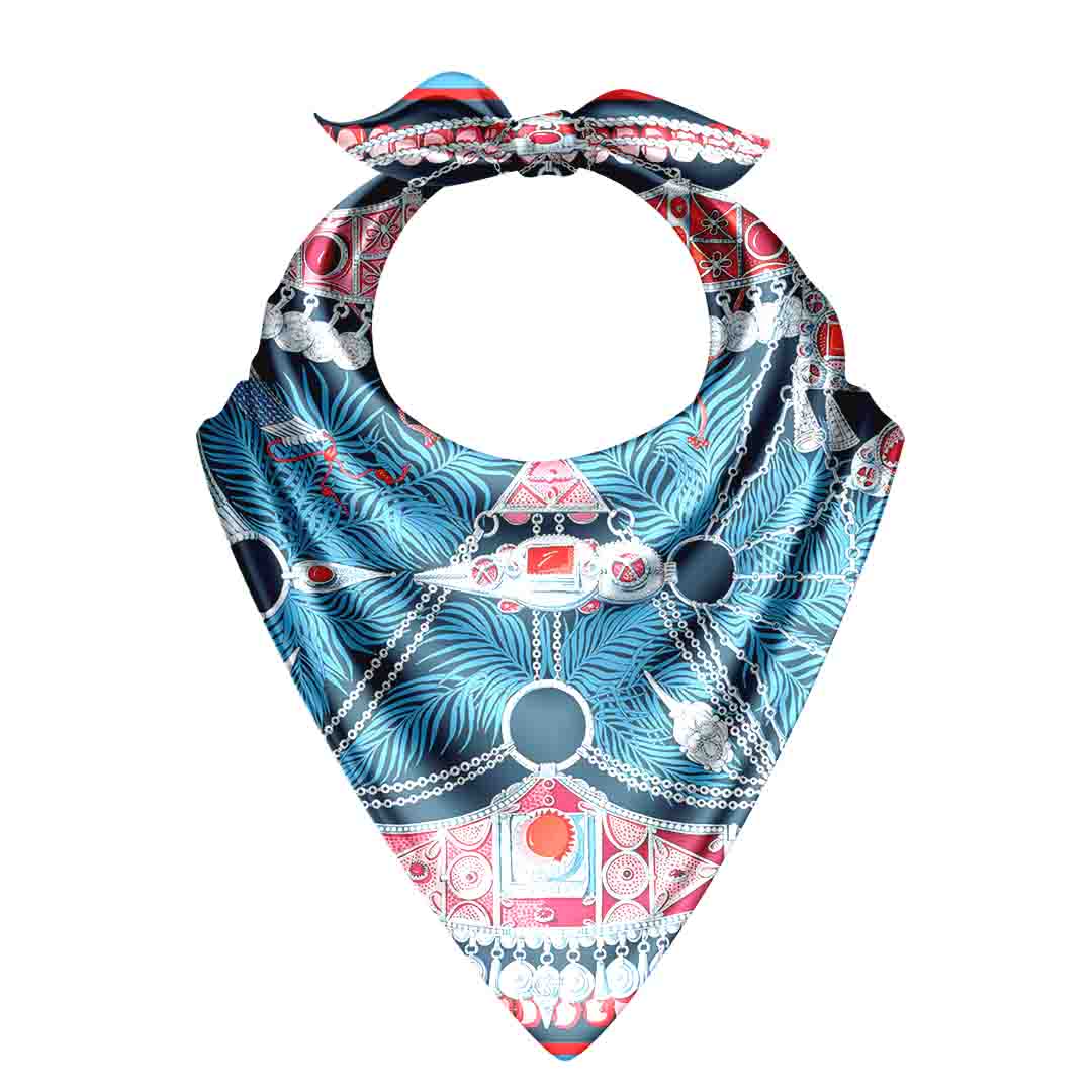 Colorful bandana with geometric and abstract patterns on a white background