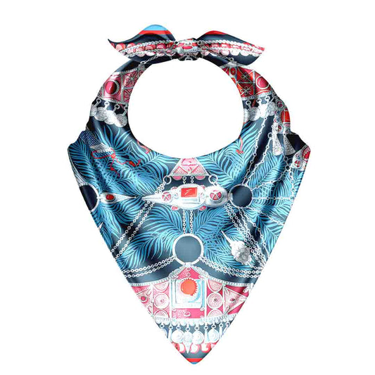 Colorful bandana with geometric and abstract patterns on a white background