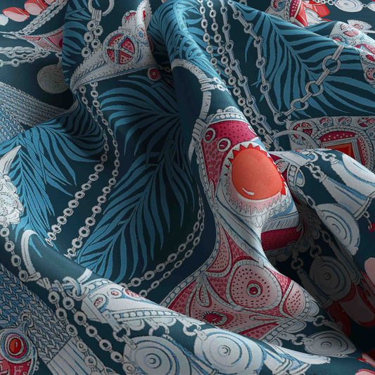 Close-up of patterned fabric with blue, red, and white design