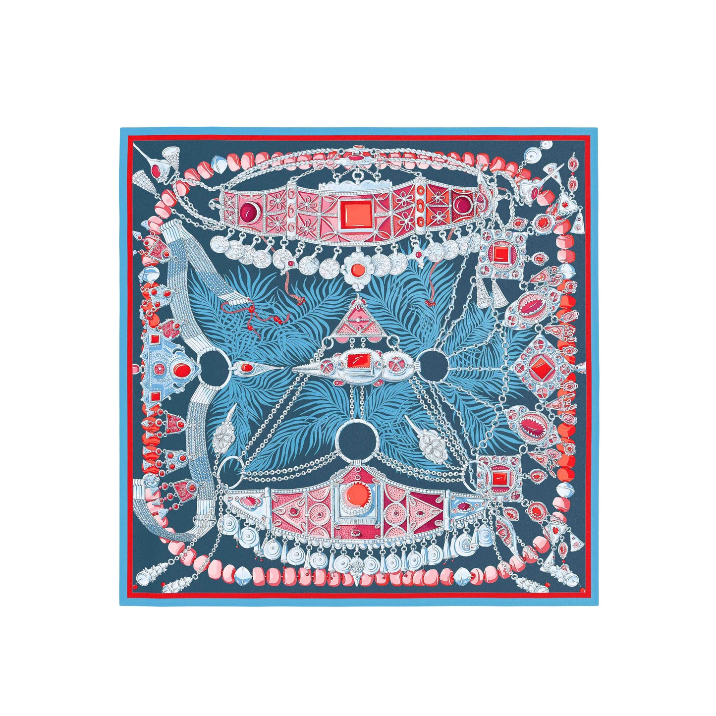 Decorative scarf with intricate patterns and jewelry design on a blue background