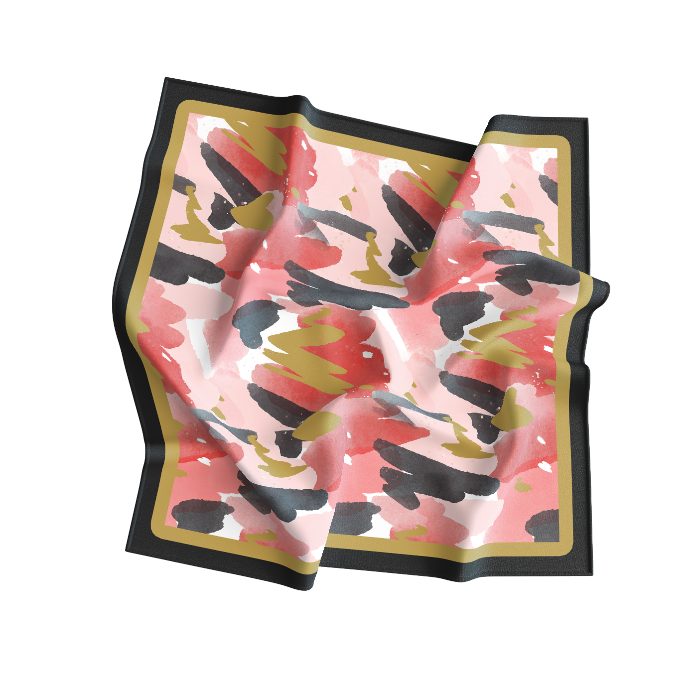 Colorful patterned fabric with black, red, and gold design on a white background
