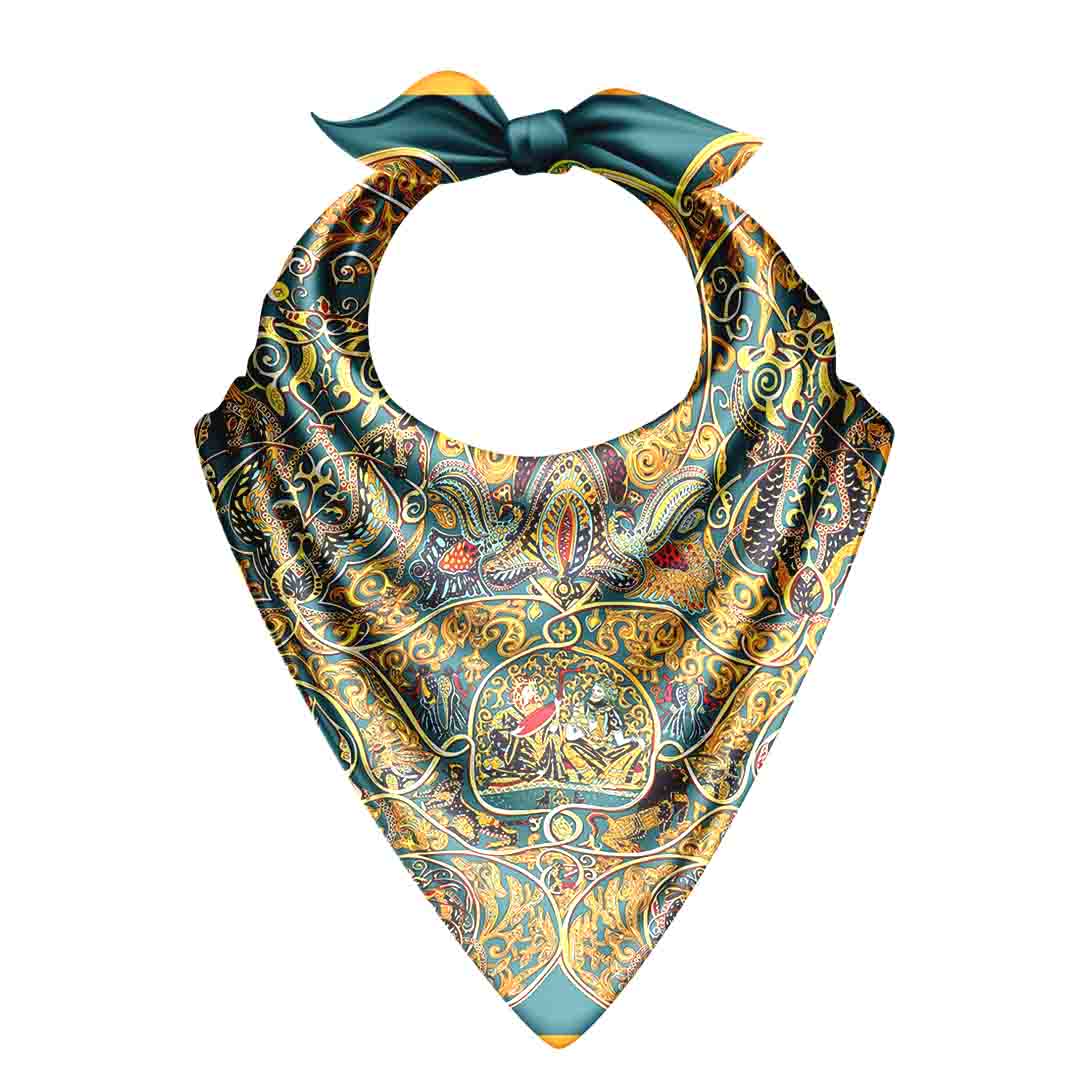 Decorative bandana with intricate patterns and a bow on a white background