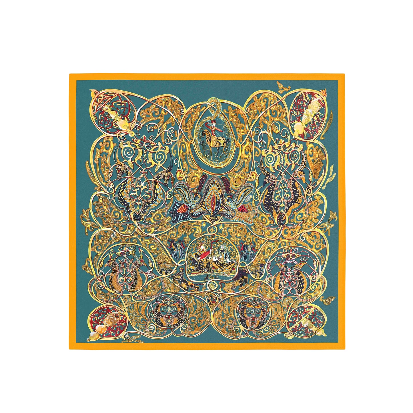 Decorative rug with intricate patterns and colors on a white background