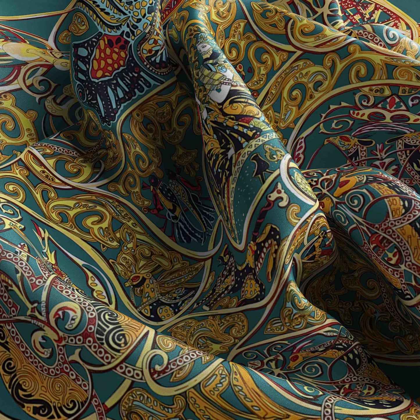 Close-up of colorful patterned fabric with intricate designs.