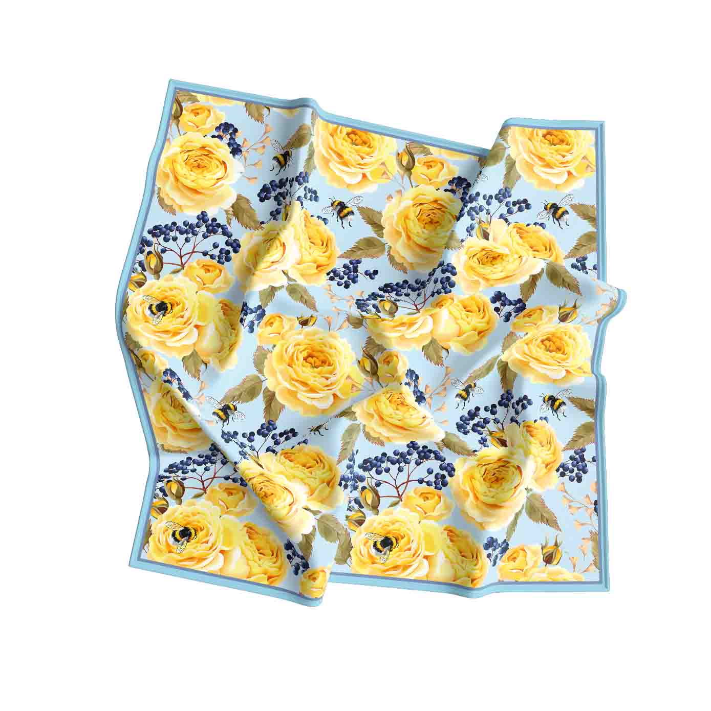 Floral patterned fabric with yellow roses and blue flowers on a light blue background