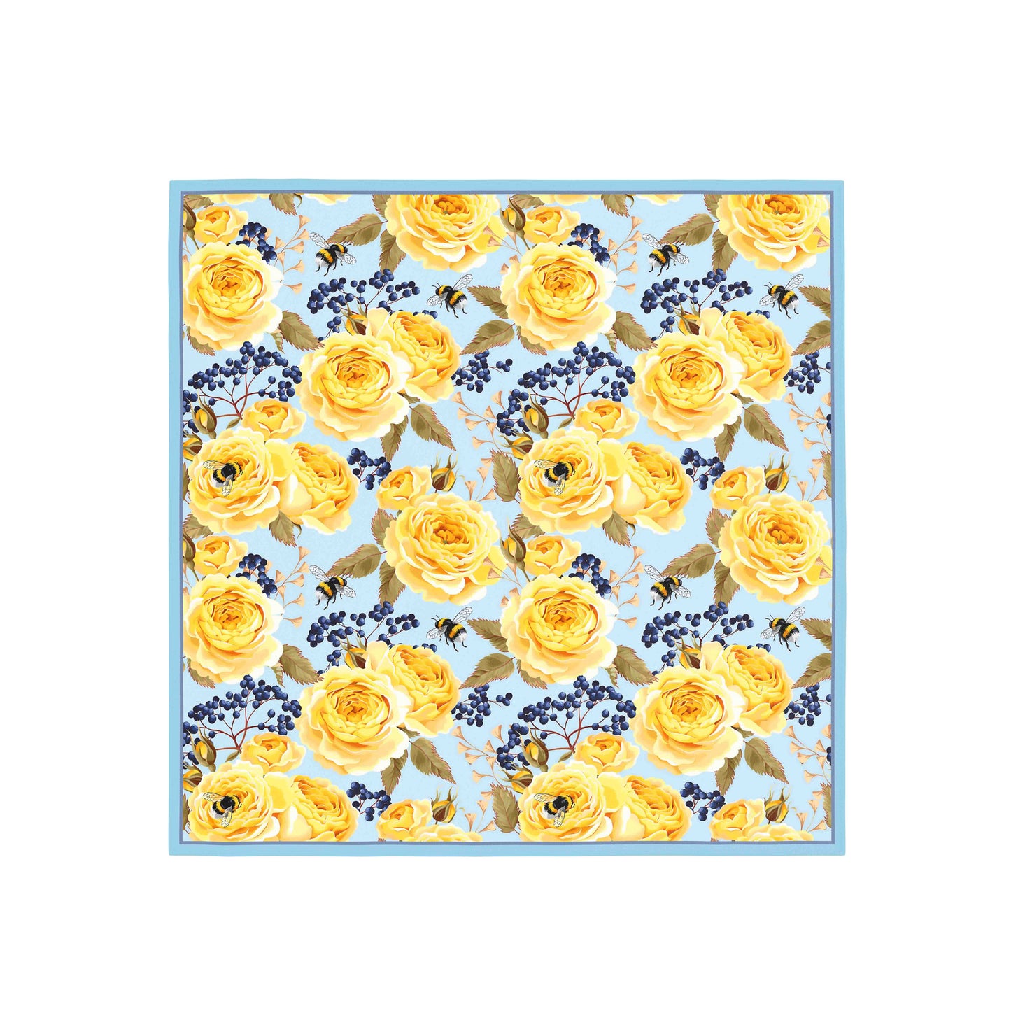 Floral pattern with yellow roses and blue berries on a light blue background