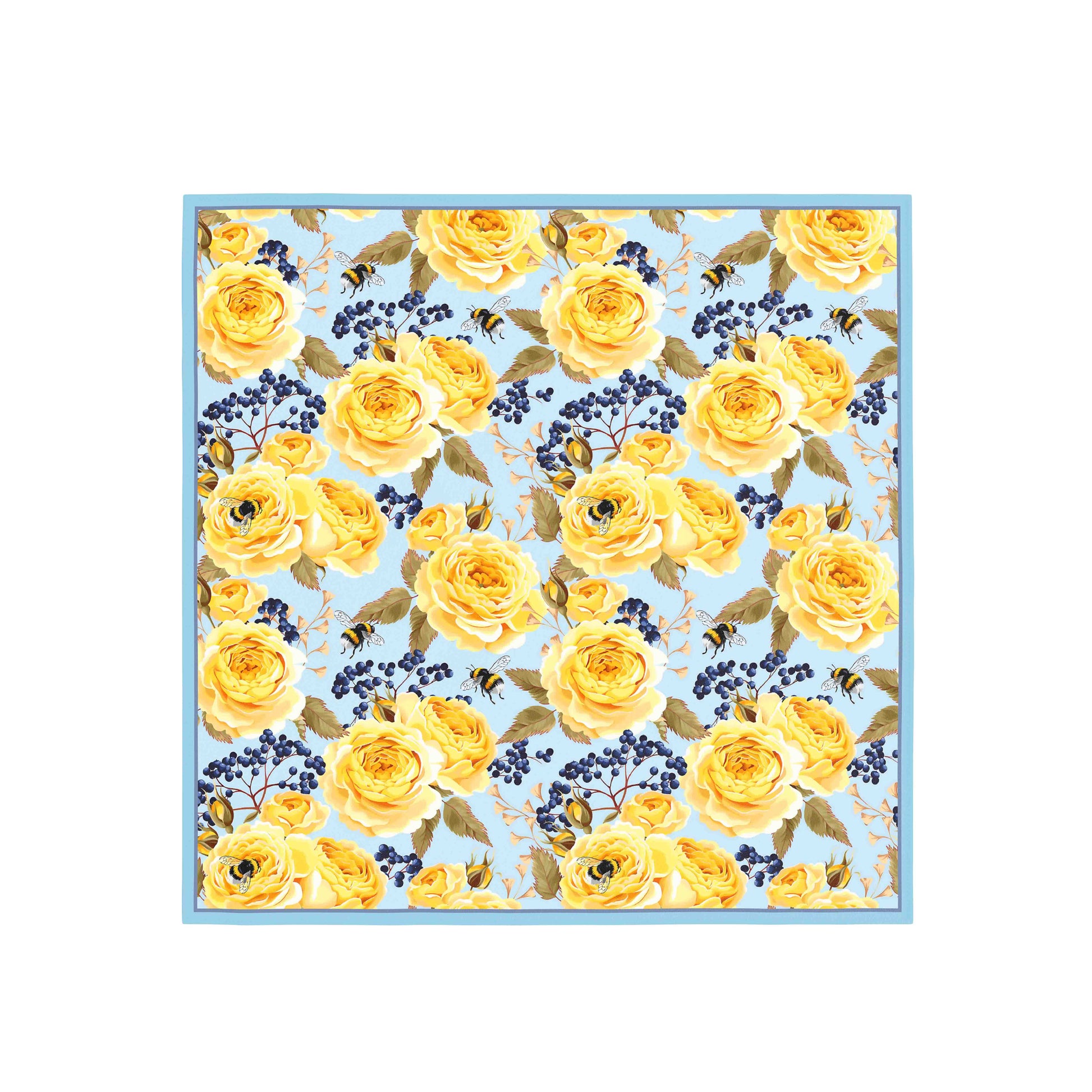 Floral pattern with yellow roses and blue berries on a light blue background