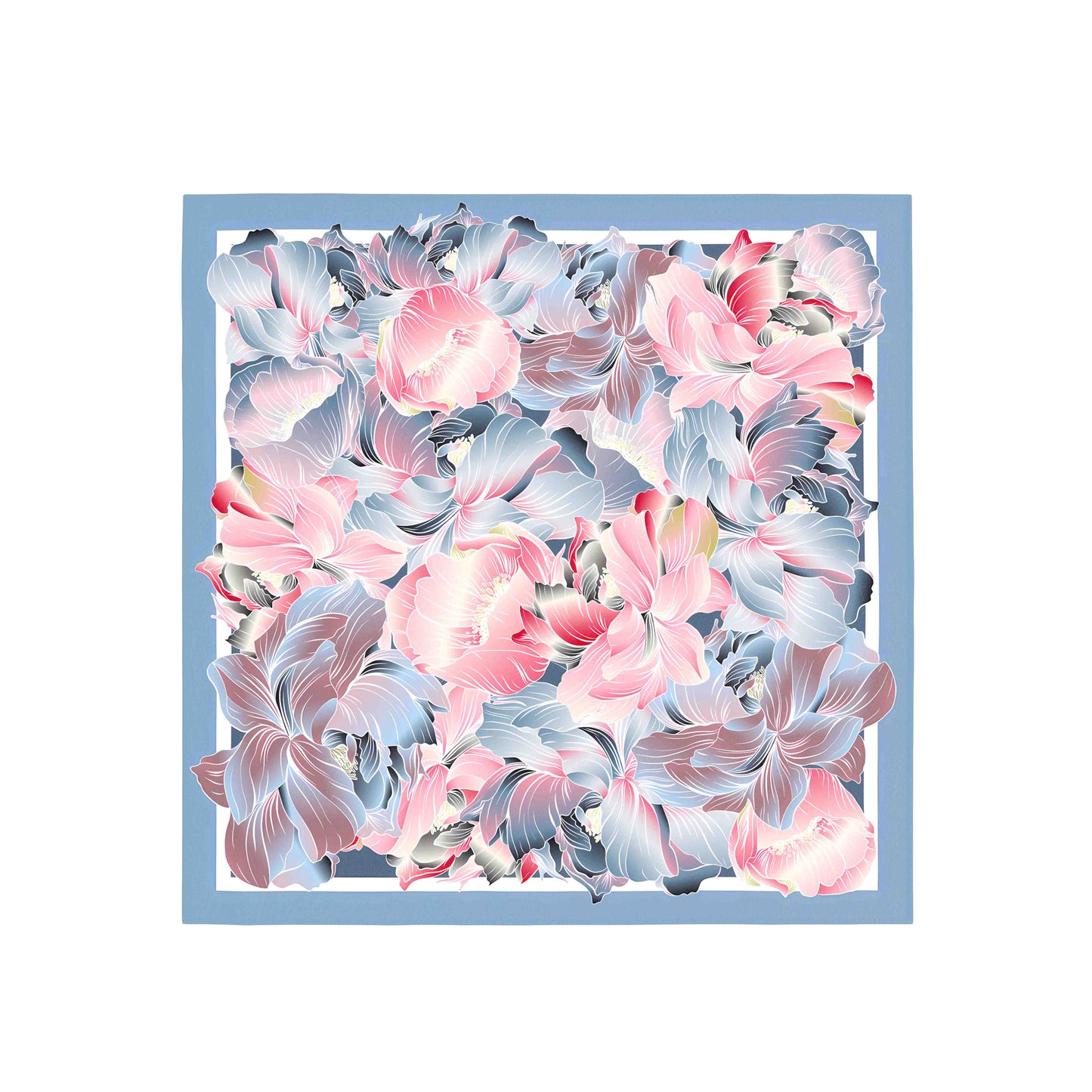 Floral patterned fabric square with pink and blue flowers on a light blue background