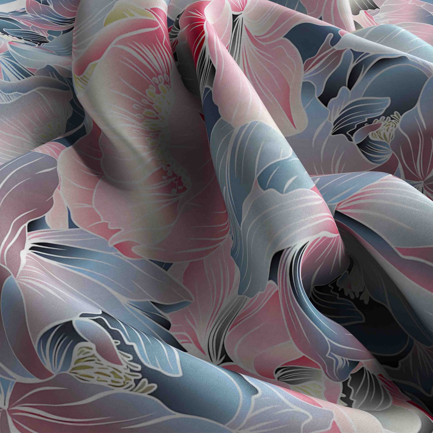 Close-up of fabric with floral pattern in pink, blue, and gray.