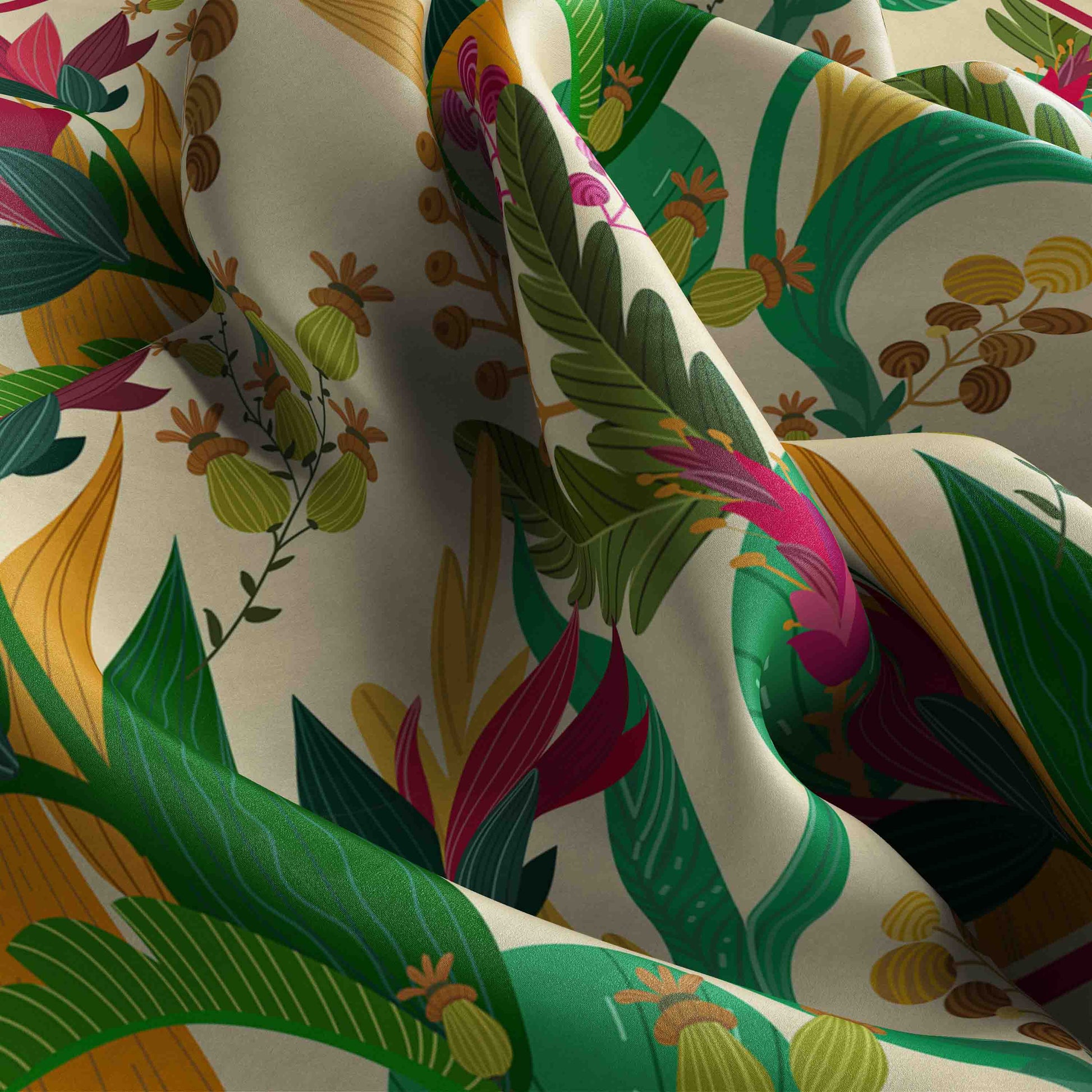 Colorful fabric with tropical leaf and flower pattern