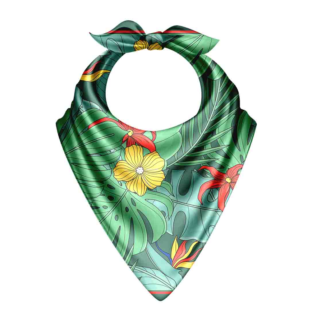 Green bandana with floral patterns on a white background