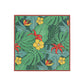 Tropical leaf and flower pattern with red, yellow, and green colors on a white background.
