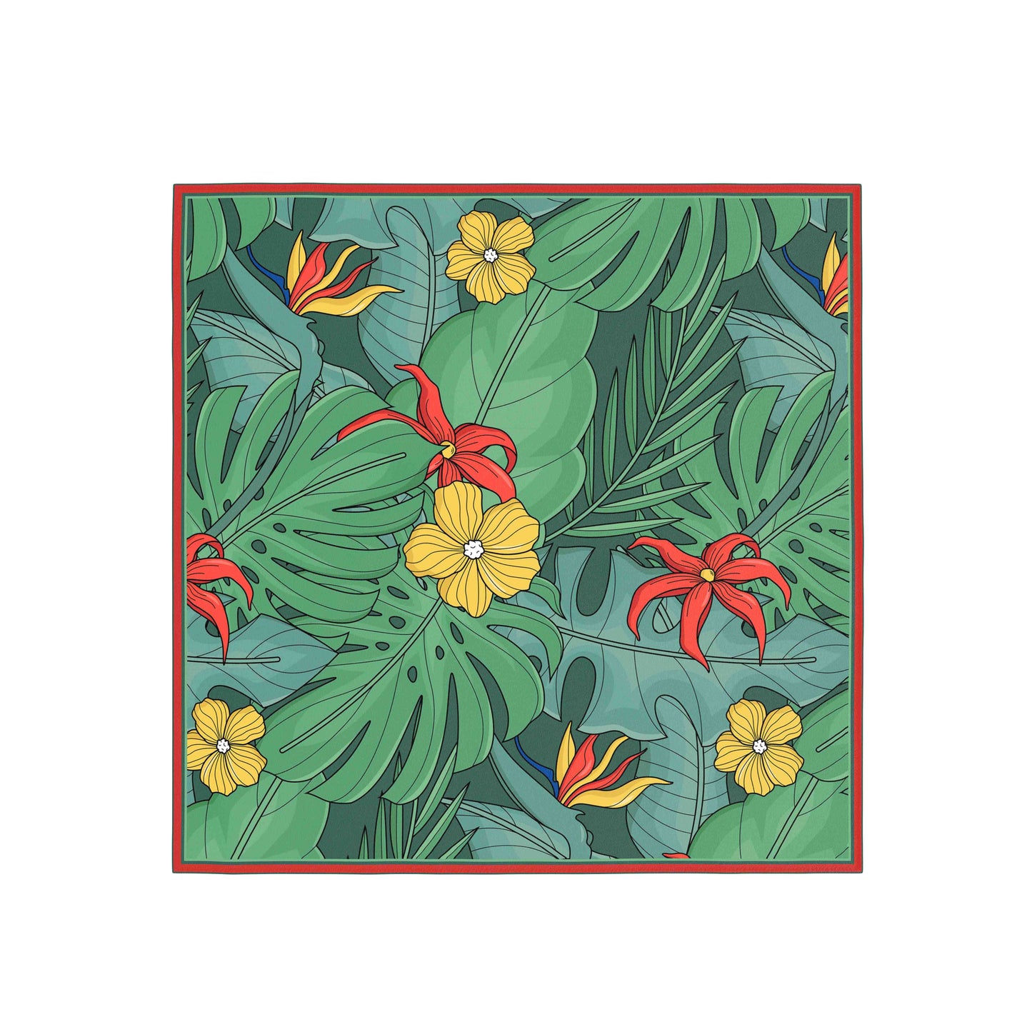 Tropical leaf and flower pattern with red, yellow, and green colors on a white background.