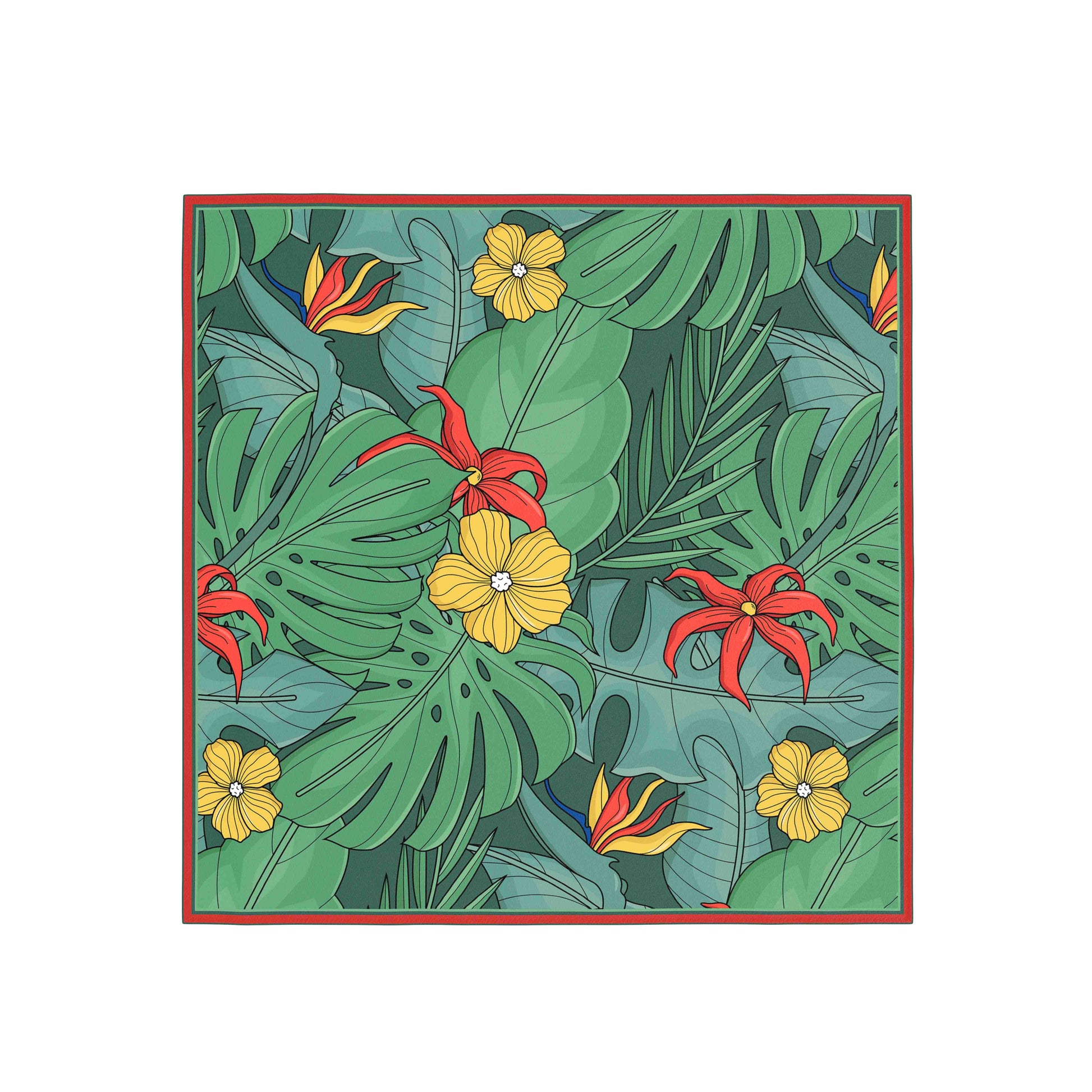 Tropical leaf and flower pattern with red, yellow, and green colors on a white background.