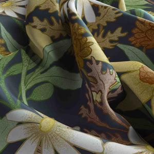 Close-up of floral and leaf-patterned fabric with a focus on texture and color.