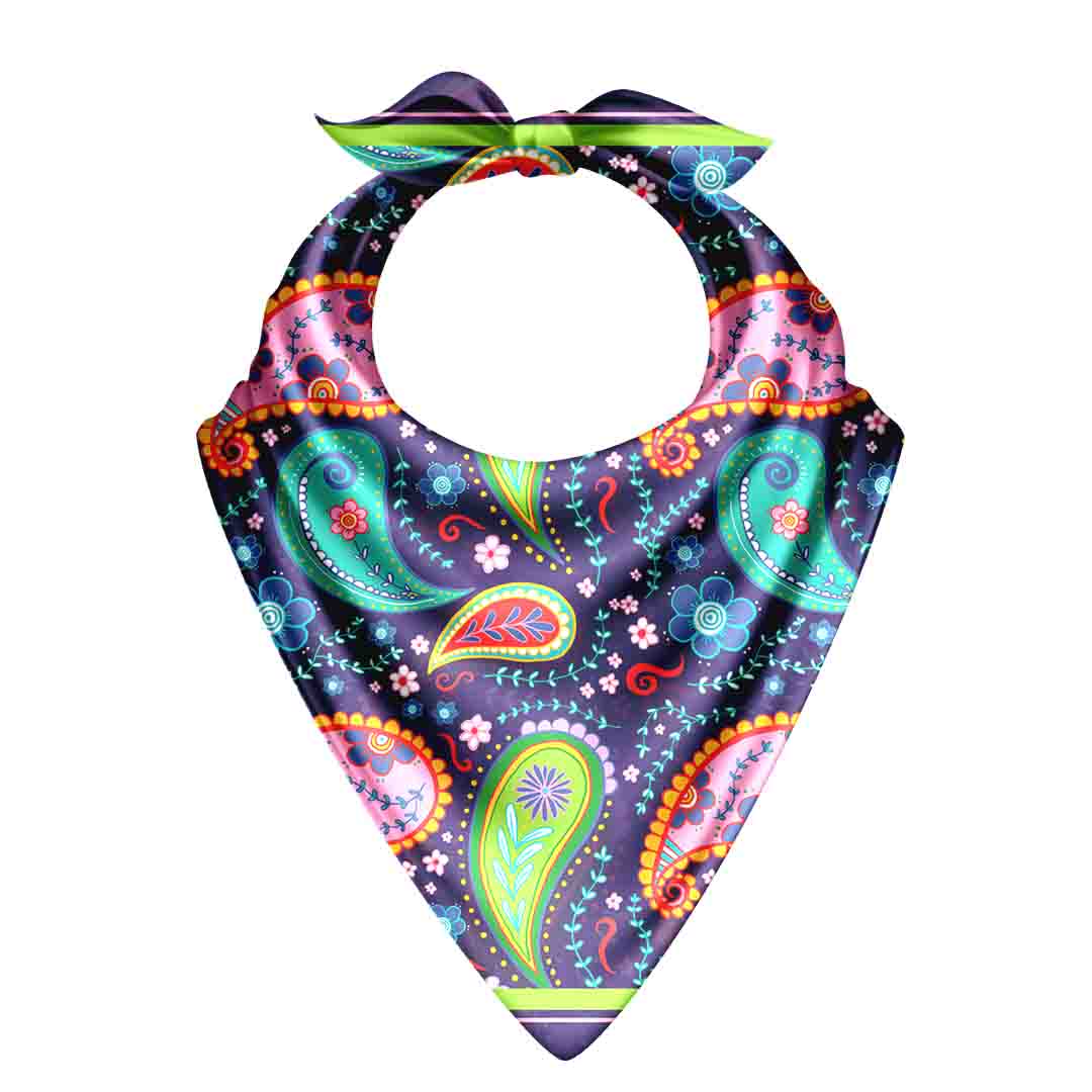 Colorful paisley patterned bandana on a white background