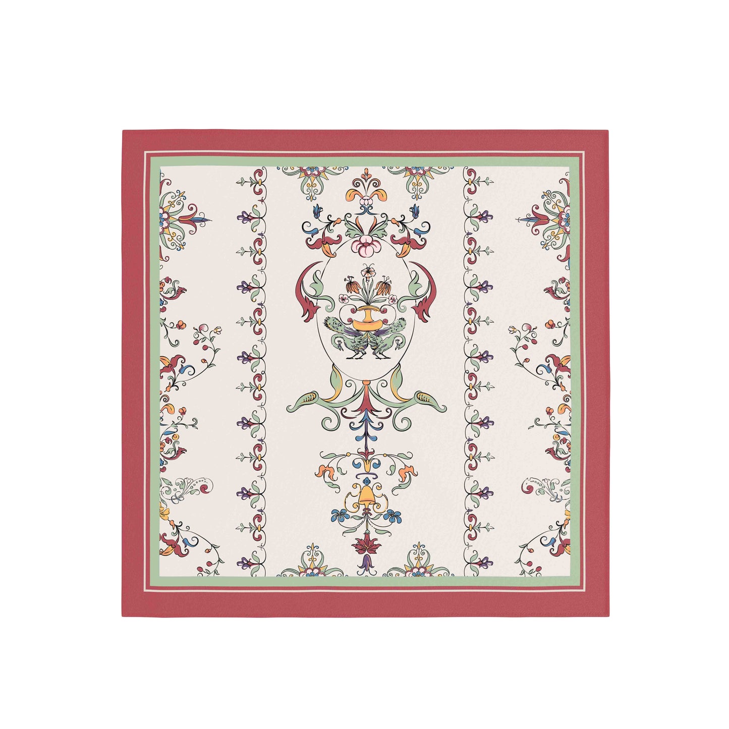 Decorative tablecloth with intricate floral and paisley patterns on a white background