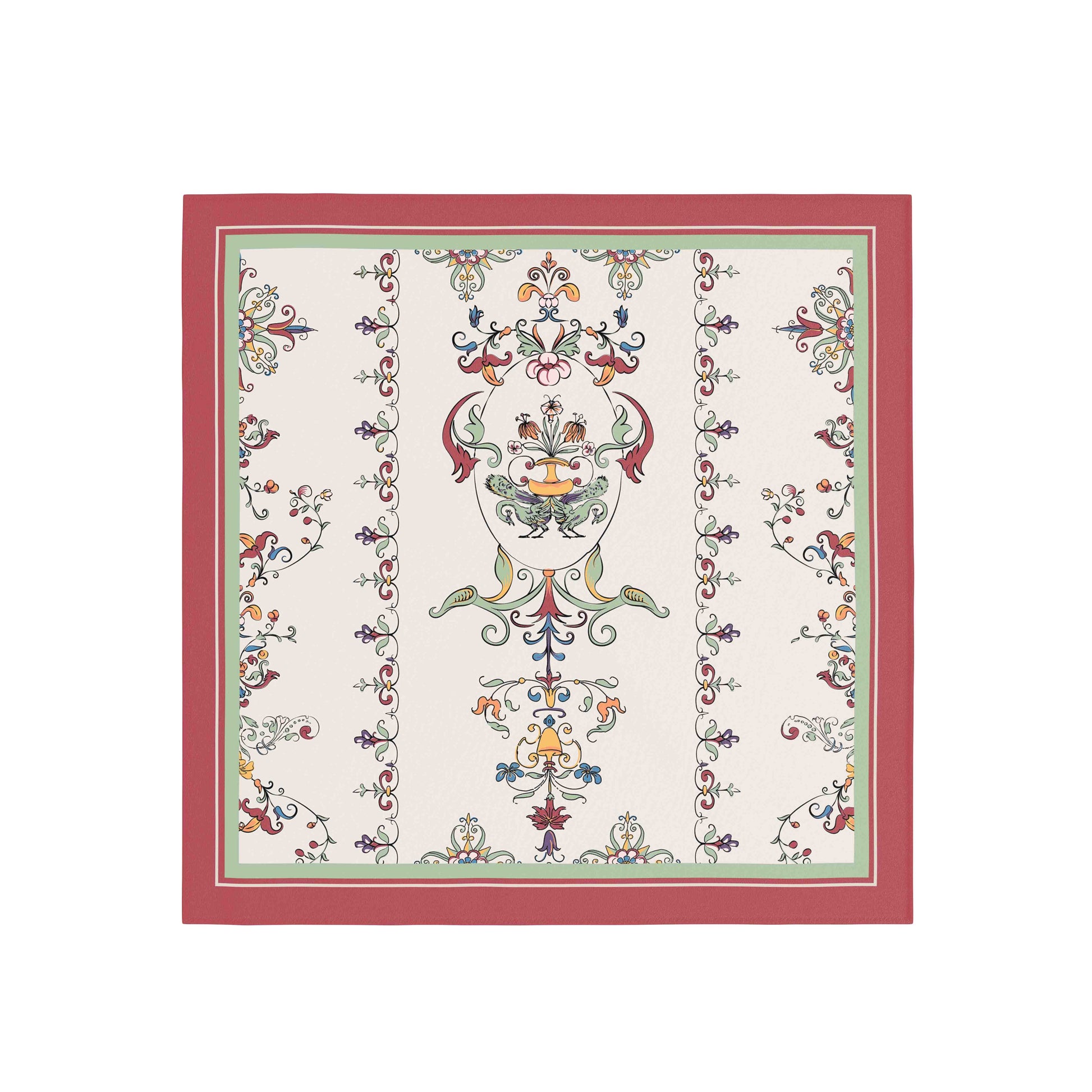 Decorative tablecloth with intricate floral and paisley patterns on a white background