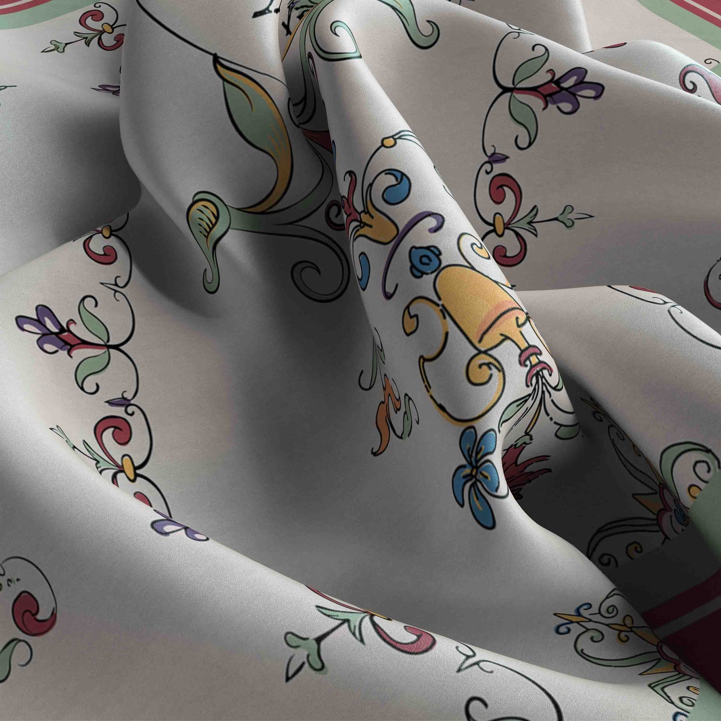 Close-up of patterned fabric with colorful designs on a white background