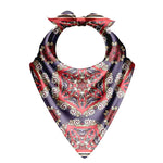 Decorative bandana with a red and blue pattern on a white background