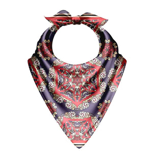 Decorative bandana with a red and blue pattern on a white background