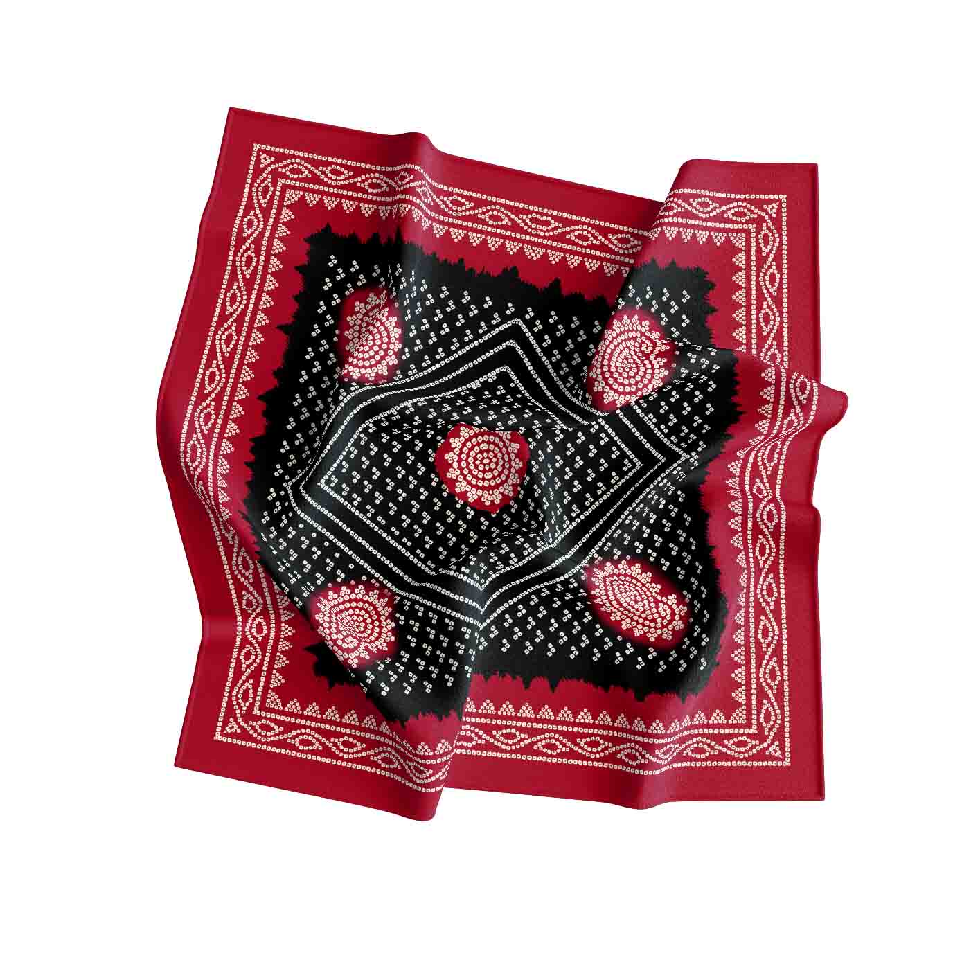 Red bandana with black and white patterns on a white background