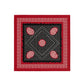 Red bandana with black center and red paisley patterns on a white background